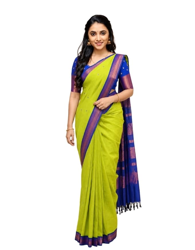 Image of Pure Kalyani Cotton Saree | Zari Border & Blouse Piece - Lata Gadwal Design | Traditional Saree