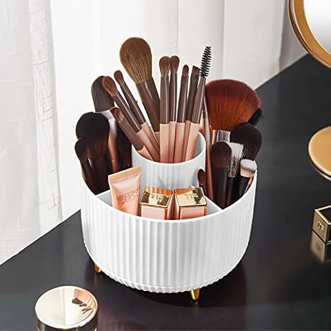 Diesisa Makeup Brush Holder Organizer,360° Rotating Makeup Brush Organizer,5 Slot Make up Brushes Cup for Cosmetics, Nail Polish, Art Supply, Bathroom Vanity Desktop Organizer - White Cover