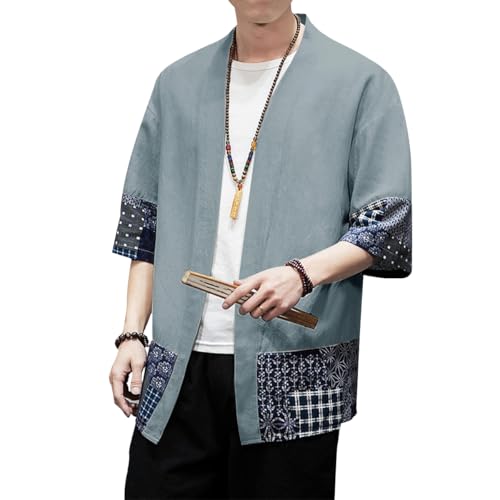 Image of PRIJOUHE Men's Kimono Jackets Cardigan Lightweight Casual Cotton Blends Linen Seven Sleeves Open Front Coat Outwear