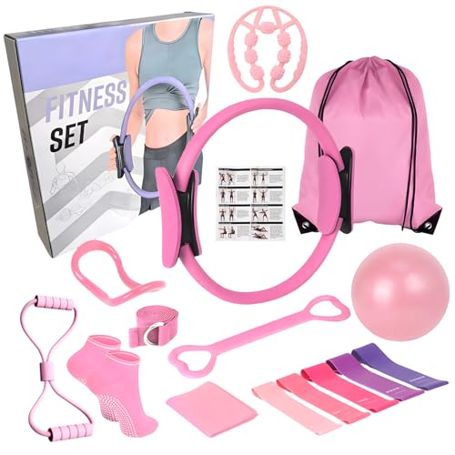 15Pcs Home Pilates Kit for Women Pilates Equipment Essential Starter Set with Ring Socks Small Yoga Ball Resistance Bands Bag - Beginner Accessories for Core Strength at Home Travel Workouts