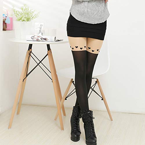 Kawaii Tights Cat Stockings Pantyhose Cartoon Bunny Socks Women Girls Cute Animal Mock Knee Nude High Thigh Tattoo Patterned Hosiery Leggings 1 Pack Love #TOP2