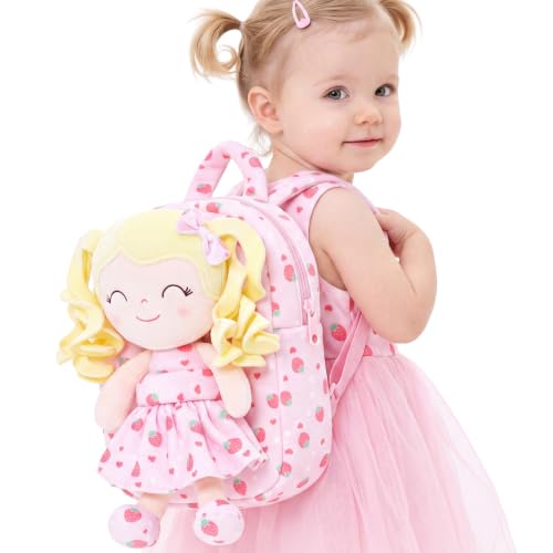 Image of Gloveleya Toddler Backpack Baby Girl Gifts Curly Hair Plush Figures Dress Backpack Kids Backpack Curly Spring Girl Fruit - Strawberry 9inches