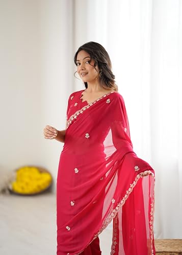 Image of Star Georgette Saree with Sequin Embroidery Work and Embroidered Blouse (Star-104)