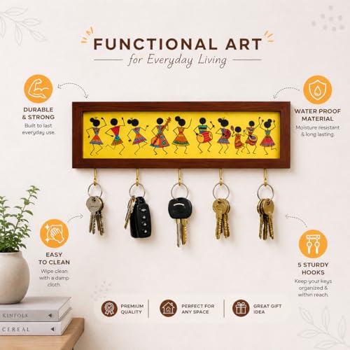 Image of Elephant Metal Key Hanger Without Drill| |Wall-Mounted Key Rack with 7 Hooks | Home Decor Organizer | Stylish Keychain Holder for Home & Office |No Drilling (Warli Art Key Holder)