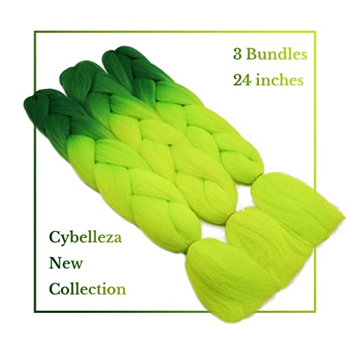24" Braiding Hair Extension Jumbo Braids Synthetic 3bundles/pack Crochet Hair Afro Box Braid Heat Resistent(Dark Green&Yellow Green) - Image 2