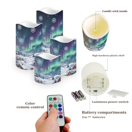 Image of Christmas Flameless LED Candles Set of 4 | Aurora Winter Village, Xmas Flameless Candles, with Remote Flickering, LED Candles with Timer for Holiday Patio Accents