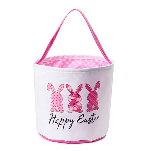 Image of Easter Basket, Personalized Candy Egg Basket Rabbit Print Buckets with Fluffy Tail Gifts Bags for Egg Hunts Easter Eggs gifts (Pink Style 1)