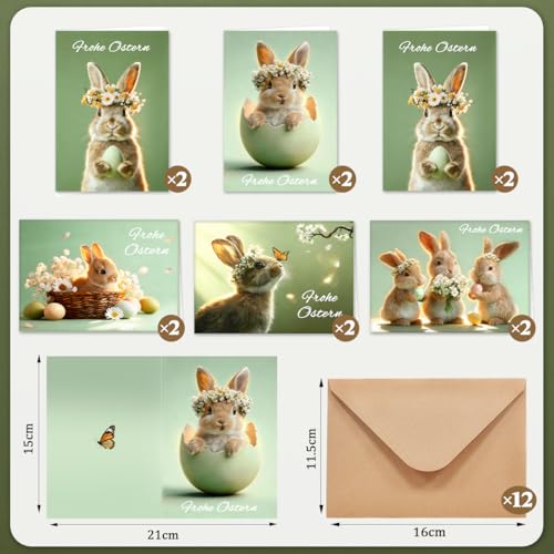 GluckGeschenk 12er Osterkarten mit Umschlag, Frohe Ostern Aufklappbare Osterkarte, mit Osterhasen & Ostereiern Design, für Familie, Freunde & Kollegen