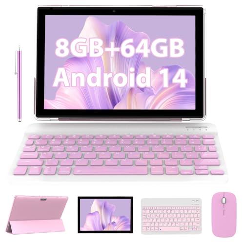 Tablette 10" avec clavier 2 en 1 Android 14 tablettes avec étui, souris, stylet 6000 mAh, batterie 8 Go + 64 Go/1024 Go, tablette extensible de 10,1", double onglet caméra, WiFi Bluetooth (rose)