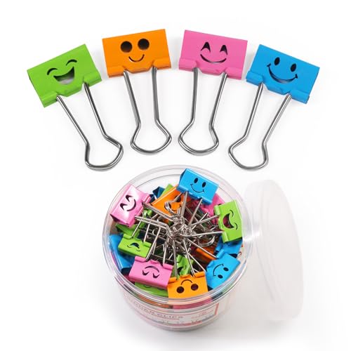 Coideal Smiling Face Binder Clips Medium, 48 Pcs 1 Inch Smiley Metal Paper Clips Clamps Assorted Color with Cute Fun Smile Hollow for Office (25mm)