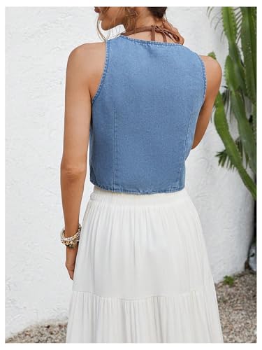 MakeMeChic Women's Cowgirl Denim Vest Western Floral Embroidery Tie Front Sleeveless Boho Tops Cowboy Chic3