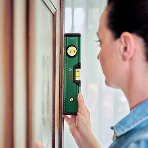 Bosch Wasserwaage 25cm (präzise Ausrichtung mit 2 fluoreszierenden Libellen für horizontales und vertikales Ablesen; metrische Skala; hochpräzise; Aluminiumgehäuse; Softgrip-Stoßfänger; V-Nut)