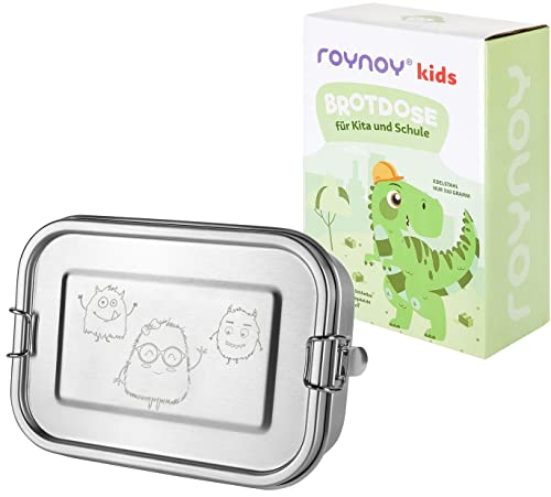 roynoy Boîte à déjeuner en acier inoxydable pour enfants | étanche | avec cloison | Boîte à bento pour enfants | Boîte à petit-déjeuner | pour école maternelle Kita (monstre) Cover