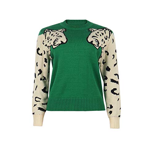 Junboon JPUS_MY050-GREEN-L Women’S Casual Leopard Print Knitted Pullover Sweaters Long Sleeve Crew Neck Jumper Tops Green thumb #2
