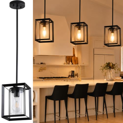 Sheenkarion 1 Pack Farmhouse Black Kitchen Island Pendant Light Fixture,Height Adjustable Metal Rod...