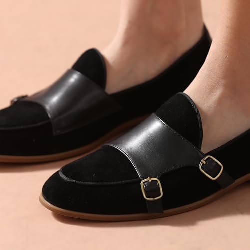 Image of BEAU TODAY Monk Straps Loafers for Women Double Buckles Design Womens Leather Flat Shoes Comfort Business Slip-on Casual Round Toe Loafer Shoes
