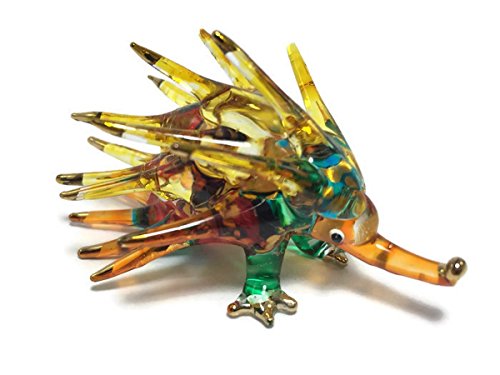 Mr_Air_Thai_Glass_Blown Tiny 2" Long Clear Multicolor Porcupine Figurine - Miniature Hand Blown Glass Yellow Green Hedgehog Echidna Crystal Animals Decorative Collectible Figurines Home Décor Gifts #TOP3
