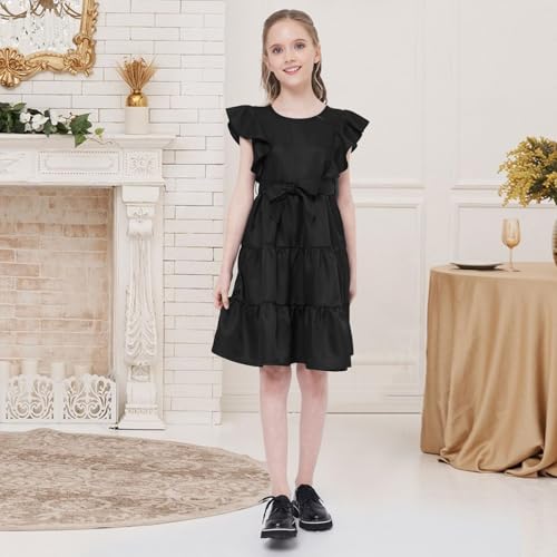 Girls Summer Dress Ruffle Sleeve Tiered Swing A-Line Flared Skater Party Dress with Pockets 5-14T2
