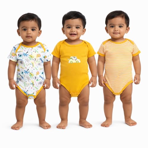 Image of VParents Rompers for New Born Baby Girl & Boy (Pack of 3), 100% Cotton Half Sleeve Romper /Bodysuit /Jumpsuit /Onesies /Sleepsuit For Infants & Toddlers, Comfortable Daily Wear Clothes For Babies