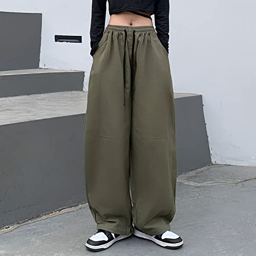 Veryin Parachute Pants For Women Y2K Baggy Cargo Pants Wide Leg High Waist Drawstring Casual Trendy Boyfriend Pants Army Green #TOP1