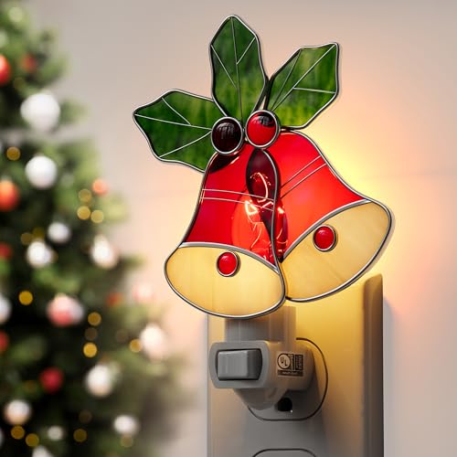 Image of Night Lights Plug into Wall Christmas Red Bell for Home Decor | Stained Glass Night Light Plug in,7W Warm Light,Switch-On /Off for Adult Kids Room Bathroom Gifts for Mom Grandkids Christmas