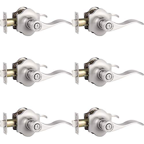 knobelite 6 Pack Camelot Trim Privacy Lever Keyless Door Lock for Bed or Bathroom, Right/Left Handed Reversible Satin Nickel Interior Door Handle Wave Style Door Lever