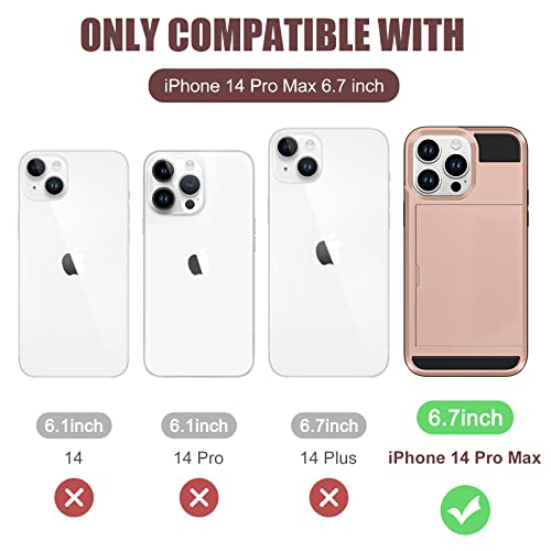 Anuck Case For Iphone 14 Pro Max Case With Card Holder, Shockproof Heavy Duty Wallet Case [Credit Card Slot][Slide Cover] Anti-Scratch Shell Dual Layer Armor Bumper Protective Phone Case, Rose Gold #TOP6