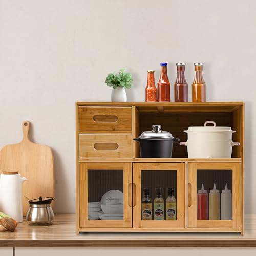 LARIDEN 2 Tiers Bamboo Countertop Kitchen Pantry Sideboard, Kitchen Storage Cabinet, Two Drawers and Acrylic Clear Doors, Use for Spice Seasoning Bottles, Plates, Cups Storage Cabinet