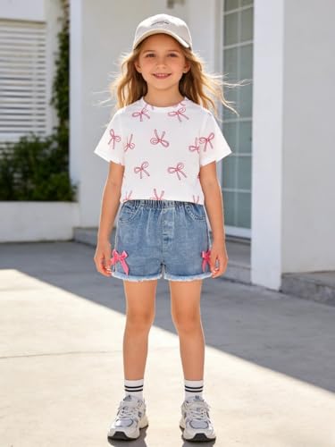 Image of Azmxynol Kid Girls Clothes Outfits Bowknot T-Shirt + 2 In 1 Denim Short Skort Summer Clothing Set, Size 4-10 Years