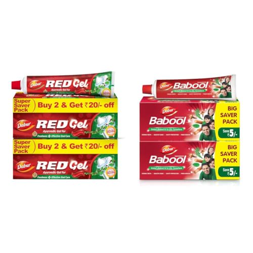 Image of Dabur Red Gel Ayurvedic Toothpaste - 600g (150g x 4) | Reduction in Bad Breath, Plaque & Gingivitis | Freshness with Protection | For Healthy Gums & Effective Dental Care & Babool Ayurvedic Toothpaste