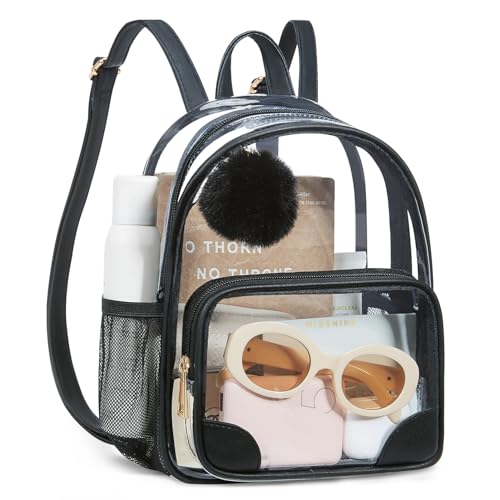 Image of Missnine Small Clear Backpack for Stadium Events Anti-theft Mini Clear Bag for Sport Event Concert with Cute Pom-pom Ball
