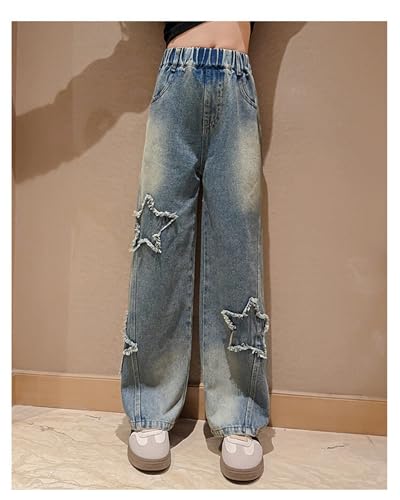 Kids Girls Casual Heart Print Baggy Wide Leg Denim Pants Elastic Waist Casual Jeans4