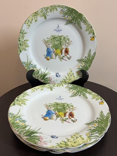 Peter & Benjamin Rabbit Garden Story Porcelain Dinner Plates, Easter Theme, Set of 4, 10.5 Inches Diameter, Gold Scalloped Edge