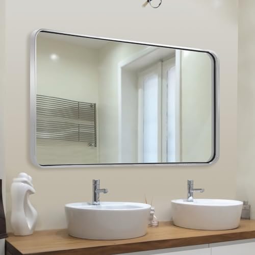 Image of ANDY STAR 48 inchX30 inch Chrome Bathroom Mirrors, Polished Chrome Vanity Mirror, Rounded Rectangle Mirror for Wall, SUS304 Anti-Rust Tube Metal Frame, Wall Mounted Horizontal /Vertical 1'' Deep