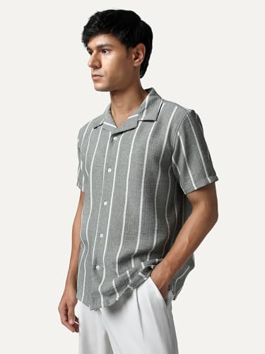 Image of Urbano Fashion Men's Cotton Half Sleeve Relaxed Fit Linen Striped Shirt with Cuban Collar
