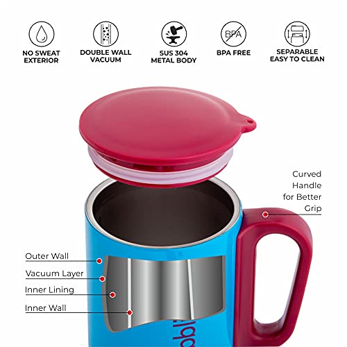 Image of DUBBLIN Polo Stainless Steel Unbreakable Tea Coffee Mug Double Wall with Handle and Lid, Wide Mouth Mug Keeps Beverages Hot & Cold 220 ML Blue