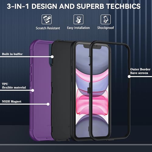 Image of SunStory Compatible with iPhone 11 Case with HD Screen Protector, 3-Layer Heavy Duty Full-Body Cover,3 in 1 Hybrid Protective Case for iPhone 11 6.1 inch,Purple