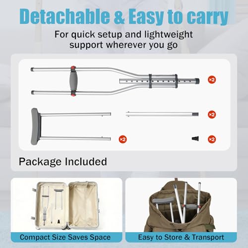 Aluminum Alloy Crutches for Adults, Pair of Height Adjustable Crutch (Fits 4\'7\" - 6\'7\"), Universal & Lightweight Crutches for Kids, Includes Padded Underarm Cushions, Rubber Tips, 300 lbs Capacity