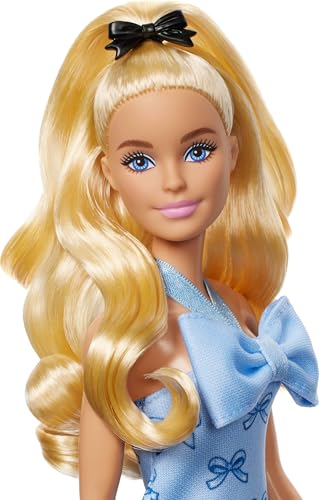 Image of Barbie Fashionistas Doll #237 with Wavy Blonde Ponytail Wearing Blue Bow Halter Dress, Black Hair Bow Accessory and Matching Blue Heels | Blue Bow Halter Dress, Black Hair Bow Accessory, Matching Blue Heels