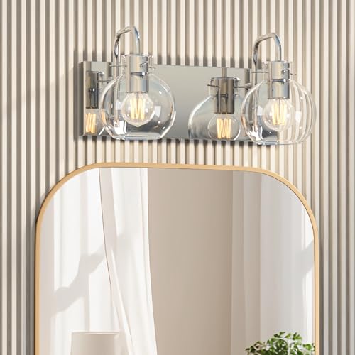 Image of 2-Light Bathroom Vanity Light, Modern Brushed Nickel Wall Sconce with Clear Glass Shade, Vintage Style Mirror Lighting for Bathroom, Bedroom, Living Room,14 Inch