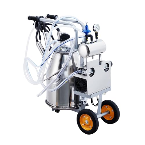 Electric Milking Machine for Cows, Farm Bucket Milker, Automatic Pulsation Vacuum Milker Machine with 25 L 304 Stainless Steel Bucket, Silicone Hose, Cleaning Brush