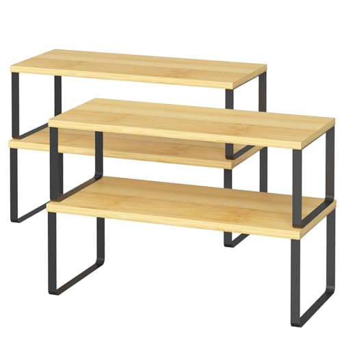 LIANTRAL Lot de 4 étagères de cuisine empilables en bambou et métal, rangement réglable pour cuisine, salle de bain, bureau, largeur 39,6 cm, noir/naturel