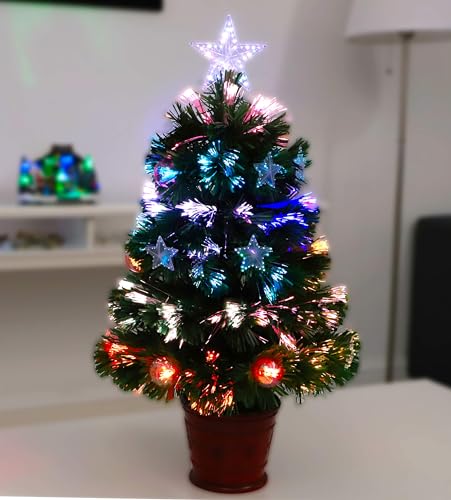 Christmas Concepts® 2FT (60CM) GREEN FIBRE OPTIC CHRISTMAS TREE WITH STARS AND BAUBLES AND RED BASE