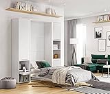 Arthauss Vertical Wall Hidden Pull Out Single Storage Bed 90cm in White Matt & LED - Space Saving Murphy Bed With Cabinet, Hideaway Fold Down for Small Rooms, Multifunctional Space Efficient