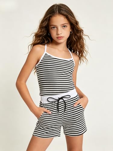 Image of Size 7-14Y Girls Clothes 2 Piece Outfits Striped Tank Top Drawstring Shorts Teen Girls Summer Clothing Sets