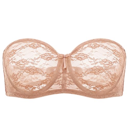 Image of DOBREVA Women's Strapless Lace Bras Unlined See-Through | Underwire, Floral Lace, Sexy, Sheer, Soft, Bow, Multiway, Comfort