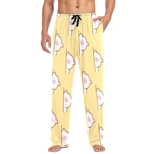 Pig on Yellow Mens Pajama Pants Mens Pj Pants Comfy Cotton Pj Long Pant for Men with Pockets Size S-XXL