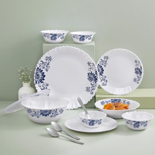 Image of Larah by Borosil 41pc Opalware Silk Series Dinner Set with Steel Spono | for Family of 6 | Microwave & Dishwasher Safe | Bone-Ash Free | Crockery Set for Dining & Gifting | Plates & Bowls (Leona)