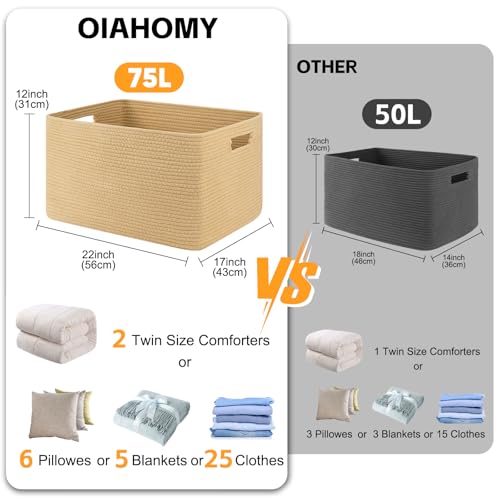 Image of OIAHOMY 75L Large Blanket Basket, Woven Cotton Rope Baskets for Organizing 22 inchx17 inchx12 inch, Blanket Basket living Room, Toy Storage Bins for Nursery, Yellow