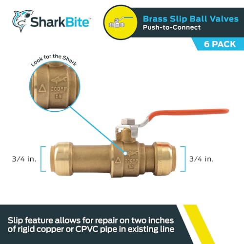 Image of SharkBite 3 /4 Inch Slip Ball Valve, Pack of 6, Push to Connect Brass Plumbing Fitting, PEX Pipe, Copper, CPVC, PE-RT, HDPE, 24736LFZ